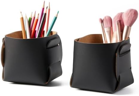HOMIEAZICOZI 2-Pack Cork Leather Desk Accessories Storage - Pencil Pen Holder - Makeup Brush Holder Organizer - Stylish Addition to Home Decor (Black) by HOMIEAZICOZI