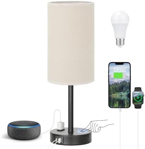 Fenmzee 17.4" Beige Lamp for Bedroom - Dimmable Touch, USB A+C, AC Outlet by Fenmzeelighting