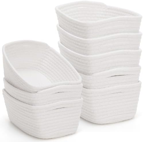Yinkin 12 Pack Small Storage Basket Cute Natural Cotton Rope Woven Basket Tiny Boho Decorative Toy Storage Bin Gift Baskets for Home Organizing, Closet, Shelf, Nursery, Bathroom (Rectangle,White) by Yinkin