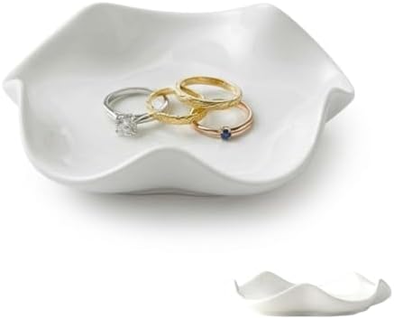 Elegant 5.3" White Ceramic Trinket Tray & Ring Holder Dish – Unique Wavy Decor, Jewelry Catchall, & Small Present for Mom, Sister, or Best Friend | Modern Vanity Accessory by Unknown