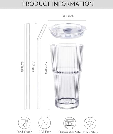 Glass Cups with Lids and Straws, 20oz Ribbed Glass Tumbler for Iced Coffee, Clear Drinking Glass with Reusable Glass Straw, Leak-Resistant Lid, Fit for Cup Holder, Dishwasher Safe - Image 4