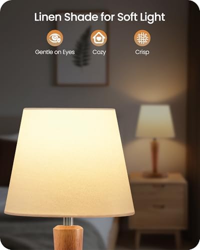 12" Wood Bedside Table Lamps Set of 2, Small Desk Lamps for Small Places, 3 Color Temperatures with Memory, White Linen Shade & E26 Bulbs, for Bedroom Living Room Office LW13TLP205 - Image 5