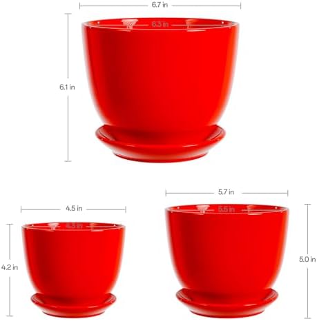 Ceramic Plant Pots Set of 3，Red Flower Pots with Drainage Holes and Saucers - Image 2