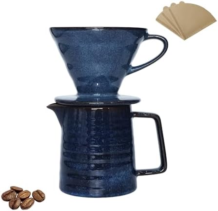 Vintage Ceramic Pour Over Coffee Maker with V60-Style Dripper and 40 Paper Filters (Blue) - Image 7
