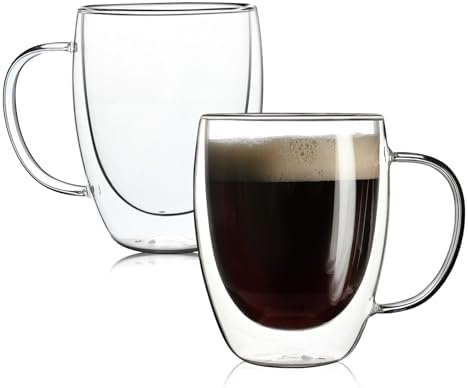 Aurzen 2 Pack Double Walled Glass Coffee Mugs with Handles, Large Insulated Layer Coffee Cups, 12oz Clear Borosilicate Mugs, Perfect for Cappuccino, Tea, Microwave Safe by Aurzen
