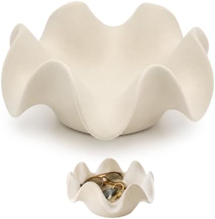 Off White Matte Scalloped Ceramic Decorative Bowl 7.8x2.9In Key Dish Bowl For Entryway Table Sand Candle Display Bowl Coffee Table Shelf Home Decor Trinket Candy Storage Gift by Unknown