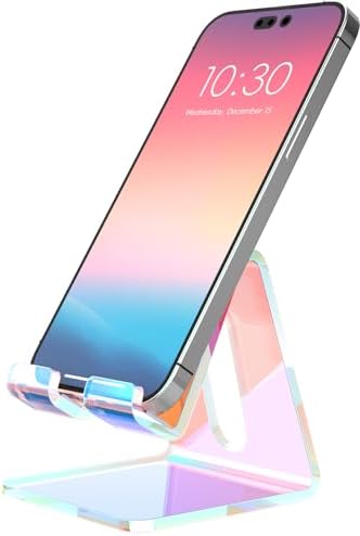Crpich Acrylic Cell Phone Stand, Portable Phone Holder, Phone Stand for Desk, Compatible with Phone16 15 14 13 12 Pro Max Mini 11, Switch, Android Smartphone, Pad, Tablet, Iridescent Color by Crpich