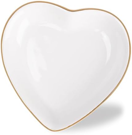 QUELIEN Trinket Dish Heart Shaped Ceramic Dish - Elegant White Jewelry Dish for Rings and Earrings, Heart Ring Tray with Gold Rim - Friendship Gift for Women, Perfect for Vanity, Sink, Nightstand Use by QUELIEN
