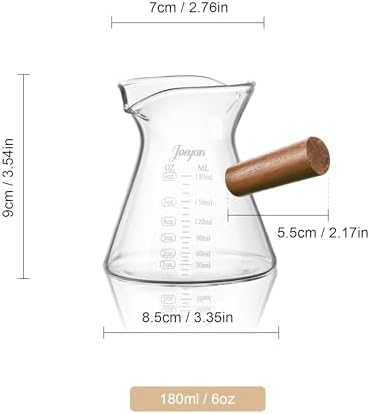 Joeyan 6 oz Glass Measuring Cup with Double Spouts,Clear Borosilicate Espresso Shot Glasses with Wooden Handle,Milk Creamer Frothing Pitcher Barista Coffee Carafe - Image 7