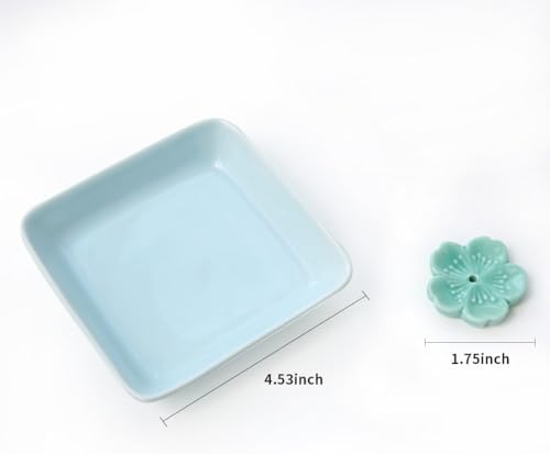 Japanese Ceramic Handmade Cute Cherry Blossom Incense Stick Holder or Incense Burner Holder, Simply Unique Ash Catcher Inscent Tray and Decorative Gift, Home Decor 4.49 inches, Square Blue - Image 2