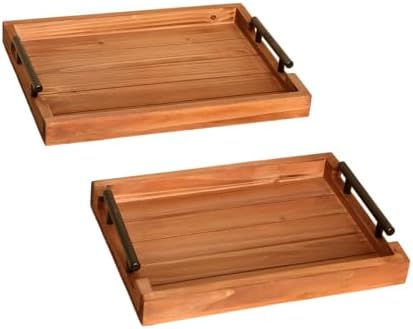 2Pc Nested Vintage Wooden Serving Tray Set, Coffee Table Ottoman Decor - Image 5