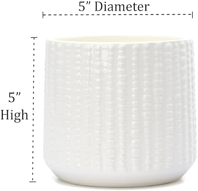Ceramic Planter Pot with Drainage Hole, 5 Inch Dia, Indoor and Outdoor, Home Patio Garden, Plants&Flowers, Textured Round (White) - Image 5