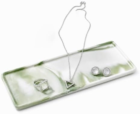 10″ x 3.5″ Ceramic Bathroom Vanity Tray, Rectangular Decorative Countertop Tray for Bathroom Kitchen, Ceramic Organizer Tray for Perfume, Candle, Jewelry, Cosmetics, Soap Dispenser, Marble Green by BLESWIN