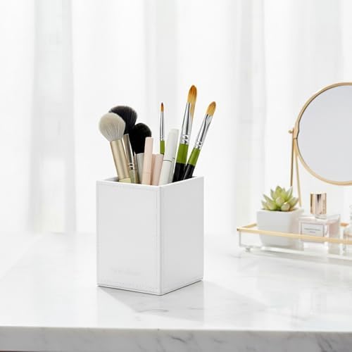 UnionBasic Square Pen Holder, Leather Pencil Cup, Desktop Caddy Stationery Organizer, White - Image 5