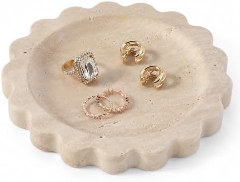 Koville 5.51" Travertine Tray, Natural Stone Trinket Dish for Ring Perfume, Round Scalloped Decorative Tray for Bathroom Vanity Dresser Countertop, Home Table Decor by Koville