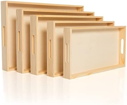 Wooden Nested Serving Trays, Unfinished Rectangle Trays with Cut-Out Handles for Crafts, Ottomans, Serving and Home Décor – Set of 5 by CreativeHobbies