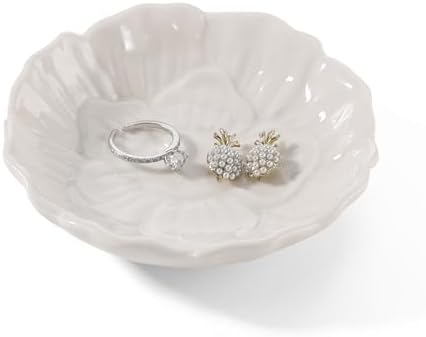 Flower Ring Dish Holder,Jewelry Dish Tray,Small Trinket Tray,Jewelry Plate Bowl,Key Bowl,Decorative Plate,Birtdhay Christmas Gifts for Women Friends,Ceramic White by YZMICSTAR