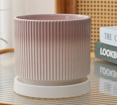 Cuteforyou 5.1 Inch Modern Textured Ceramic Succulent Planter Pot – Perfect for Small Plants, Cacti & Desk Decor – Lightweight & Durable，Pink - Image 2