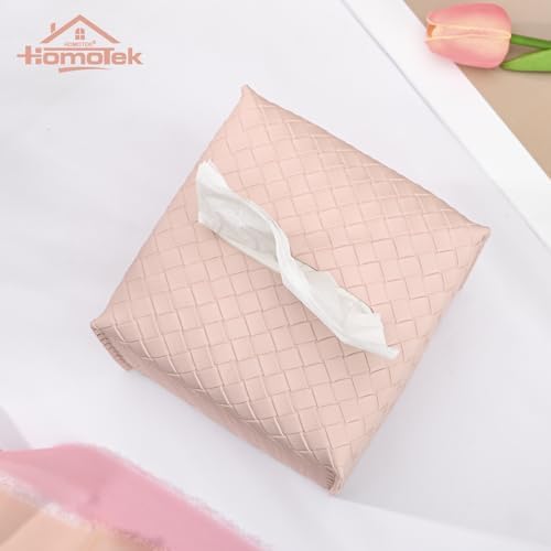 HOMOTEK 1 Pack Tissue Box Cover, Square PU Leather Tissue Holder, Decorative Facial Tissue Cube Paper Organizer Dispenser for Bathroom, Night Stands, Desk, Car 5X5X5'' - Woven Waffle,Macaron Pink - Image 2