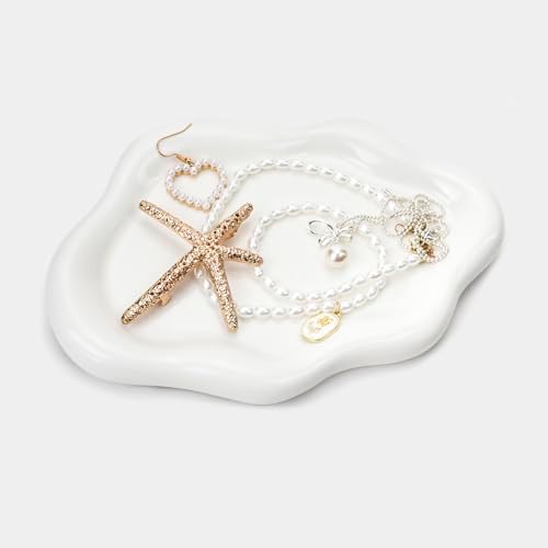 Jewelry Dish Tray for Women, Small Ceramic Trinket Plate for Perfume Ring Earring Necklace, Key Holder Cute Aesthetic Cloud Room Decor Christmas Valentines Gifts (White) by HAIJSEVR