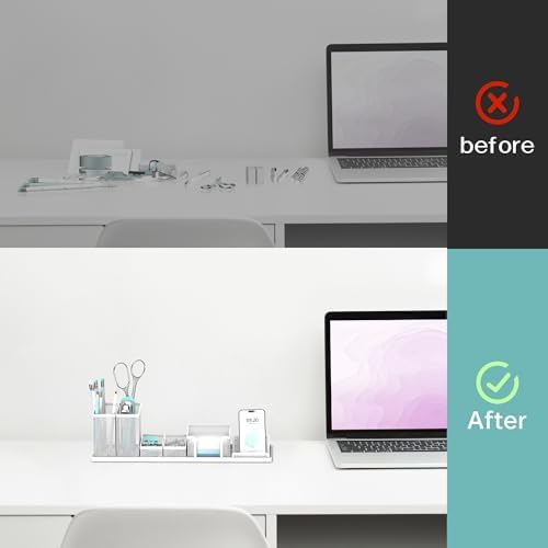 Pen Holder for Desk, 6-Piece Mesh Desk Organizer with Phone Holder, White - Image 5