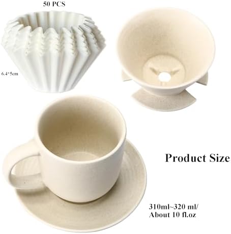 Pour Over Coffee Maker, with 50 PCS Basket Coffee Filters, 310 ml/10 oz Mug with Saucer & Coffee Dripper, Ceramic, Off-white - Image 2