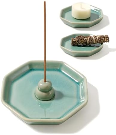 Incense Holder for Sticks, Incense Burner, Ceramic Crackle Glaze Green Incense Holder, Incense Stick Holder with Ash Catcher, ANTIS'S HOME by ANTISSHOME