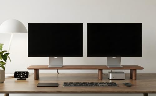Walnut Dual Monitor Stand Riser - 43.3" Extra Long Wooden Monitor Stand for 2 Monitors, Desk Shelf Organizer for iMac, Laptop & Ultrawide Displays, Natural Wood Grain - Image 2