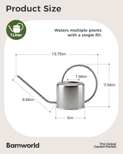 Bamworld Metal Watering Can for Indoor Outdoor Plant 1L/35oz Silver - Image 3