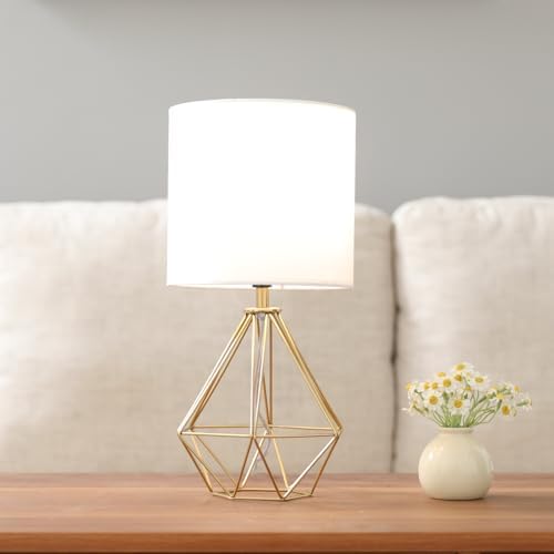 Gold Modern Small Table Lamp for Bedroom & Living Room - Geometric Metal Base, White Fabric Shade, Ideal for Bedside & Kids' Desk, Nightstand Lamp - Image 4