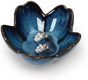 Koythin Flower Trinket Dish, Ceramic Jewelry Ring Holder Dish & Trinket Bowl, Small Decorative Plate Tray, Jewelry Plate Bowl for Rings, Keys, Earrings, Birthday Gifts, Bedroom Decor for Women (Blue) by Koythin