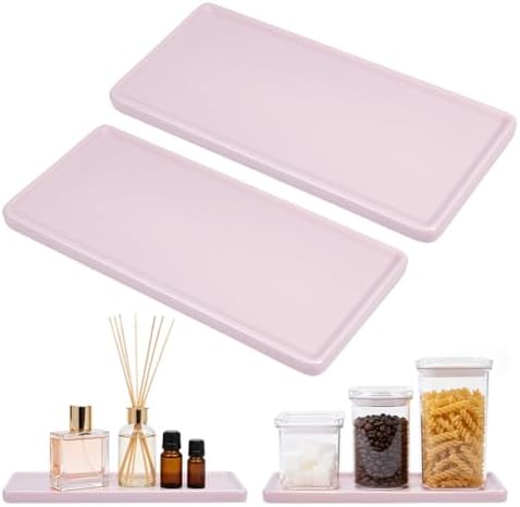 2pcs Bathroom Tray Countertop 8.2"x3.9" Rectangle Ceramic Vanity Trays for Bathroom Counter Decorative Dresser Jewelry Perfume Organizer Tray for Cosmetics Rings Necklaces Earrings (Pink) by Unknown