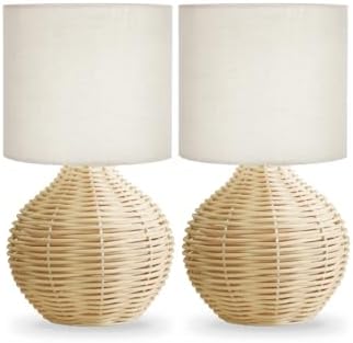 Rattan Bedside Table Lamp Set of 2, Boho Farmhouse Style, with Cotton Linen Lampshade, 6.2×6.2×11.8 Inch Small Nightstand Lamp with E12 LED Warm Light Bulb, One-Button Switch for Bedroom Living Room by LAMP