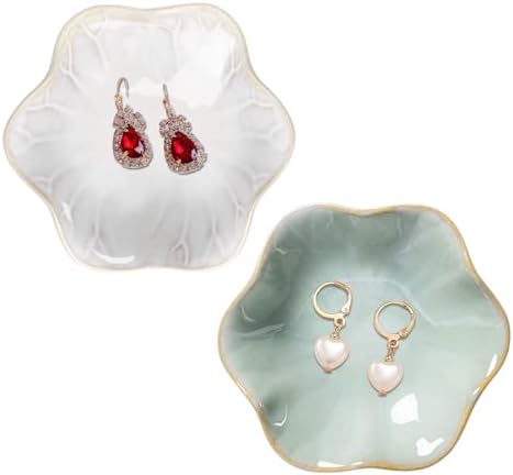 Binoster 2 Pcs Ceramic Jewelry Dish, Jewelry Tray Key Tray,Small Ring Dish Holder Jewelry Plate Trinket Dish Catchall Tray Nightstand Decor For Table Room Decor SM (4.3 In, White,Green) by WELOCMETOBINOSTER