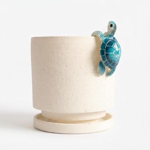 Ceramic Plant Pot with Resin Climbing Tortoise Figure, 5.75 Inch,White by Nihow