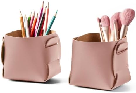 HOMIEAZICOZI 2-Pack Cork Leather Desk Accessories Storage - Pencil Pen Holder - Makeup Brush Holder Organizer - Stylish Addition to Home Decor (Pink) by HOMIEAZICOZI