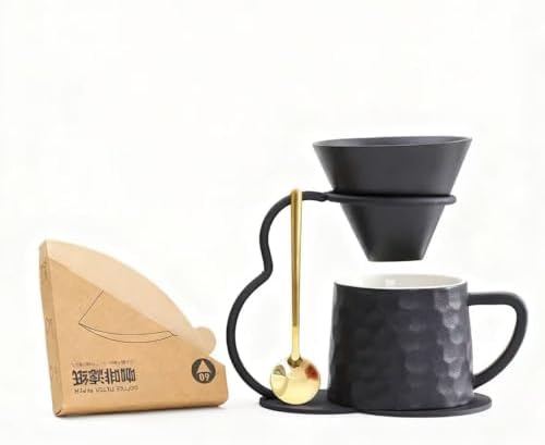 Pour Over Coffee Maker set,Ceramic Coffee Maker With V60 40 pcs Paper Filter，Metal Stand 9oz 270ml mug Pour Over Coffee Dripper Black by chooguang