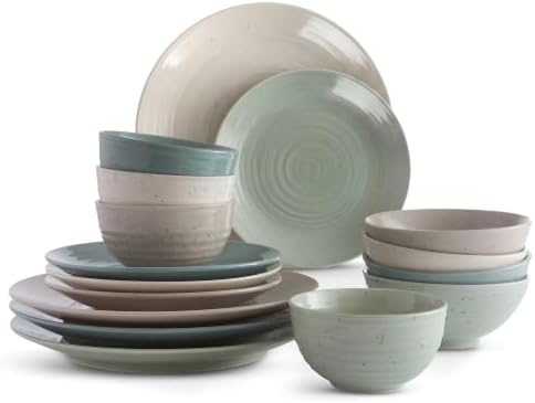Sango Siterra Artist's Blend 16-Piece Stoneware Dinnerware Set for 4, Green, Cream & White Glossy Dishes with Speckles, Ceramic Plates and Bowls Sets for Everyday Dining, Microwave & Dishwasher Safe by Sango
