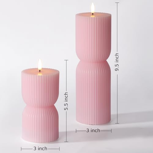 Pink Ribbed Flameless Pillar Candles with Remote Set of 2 - Image 2