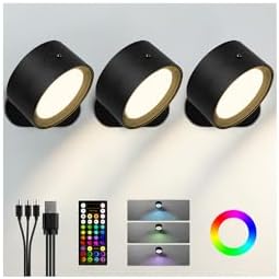 RGB Wall Sconces, Rechargeable Magnetic Lights with Remote, 3 Pack by AMETHEUS