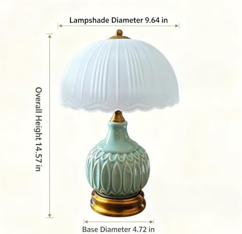 Vintage Ceramic Table Lamp, Green Nightstand Lamp with Pleated Glass Shade, Decorative Desk Lamp for Bedroom Living Room Dining Room - Image 2