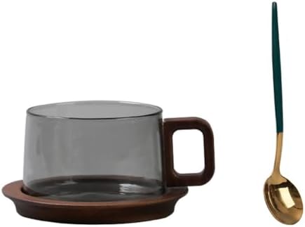 Clear Glass Coffee Cup with Wooden Handle and Base, 260ml Heat Resistant Tea Mug Set with Spoon, Elegant Latte Espresso Drinkware for Home Kitchen Office by Unknown