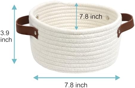 Small Woven Basket, Mini Cotton Rope Storage Basket with Leather Handle - Image 5