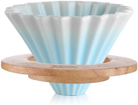 Bincoo Ceramic Coffee Dripper,Pour Over Coffee Dripper with Wood Stand, Flower-shape for 1-2 Cups Slow Brewing Maker for Home Cafe (Blue) by Bincoo