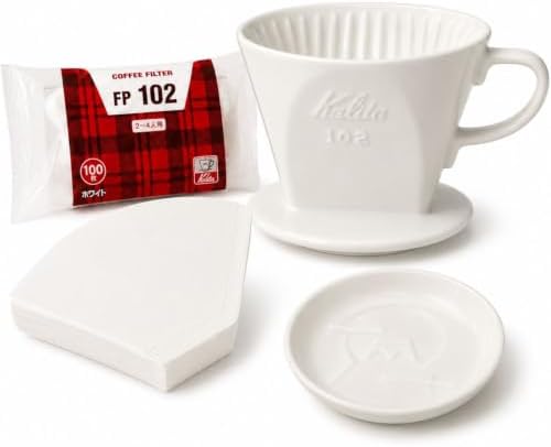 Kalita 102 Coffee Dripper Set, Pour Over Coffee Dripper, White Ceramic Dripper, FP102 Coffee Filters 100 Count, 2 to 4 Cups, Trapezoid Design, 3 Hole Flow, with Fuji Dish, Everyday Brewing Set by Someie