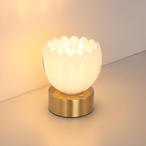Shenmoyl Cordless Small Table Lamp with 5200mAh Battery & Touch Control, Battery Operated Tulip Table Lamp with 3 Colors, Rechargeable Mini Table Lamps for Bedsides, Bedroom, Nightstand (White) by Shenmoyl