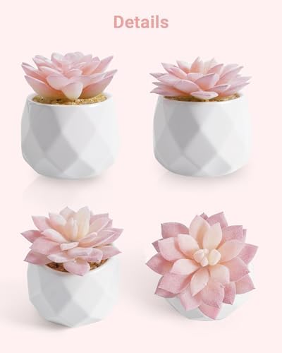 VIVERIE Mini Succulents Plants Artificial in Pots-Pink, Christmas Small Fake Succulents Plants for Home Decor Indoor for Women, White Ceramic Faux Succulents, Set of 2, Gifts for Mom - Image 3