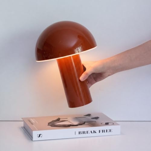 Brightech Celia Table Lamp – 10" Touch-Controlled Mushroom Accent Lamp, Cordless & Dimmable LED, Portable & Rechargeable Bedside Night Light, Sustainable Recycled Modern Patio Lamp for Home Décor, Red by Brightech