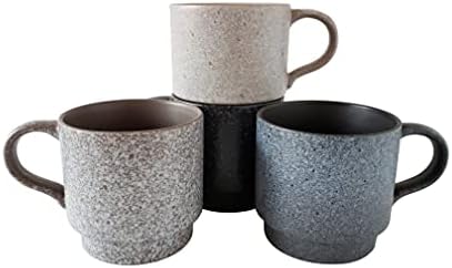 14oz Stackable Ceramic Coffee Mugs with Metal Rack, Assorted Colors - Set of 4 Space Saving Durable Stacking Cups with Speckled Finish - Image 2