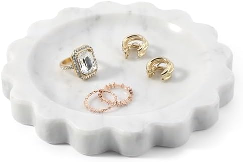 Koville 5.51" Scalloped Marble Tray, Round Stone Jewelry Trinket Dish for Ring, Natural Small Marble Tray for Bathroom Kitchen Dresser Countertop, Decorative Candle Tray(Bianco Carrara) by Koville